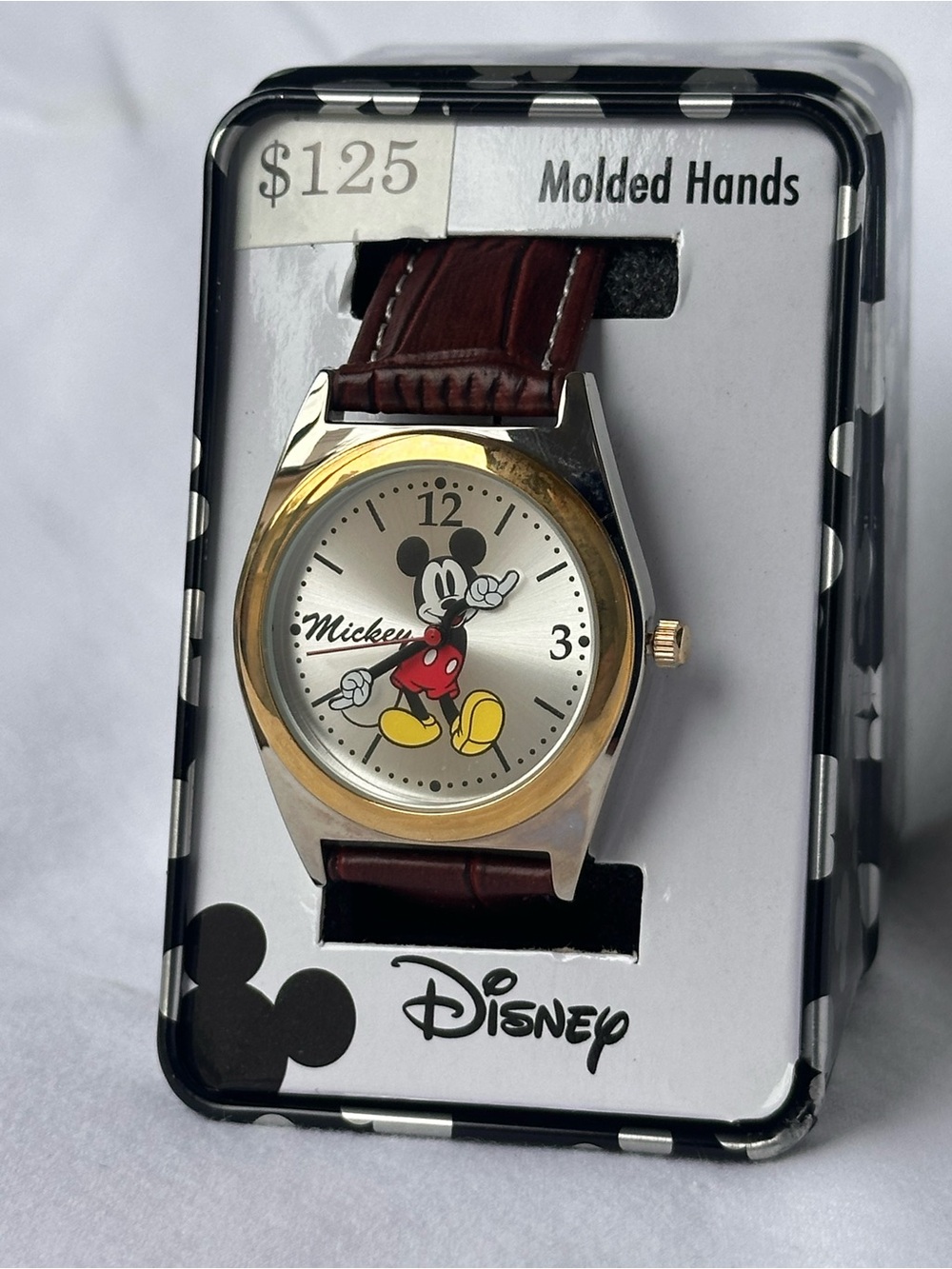 Disney Men's Mickey Mouse Watch - Brown Strap, Gold & Silver Case